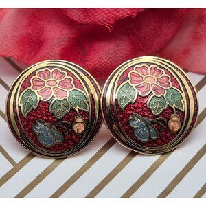 Beautiful Vintage Red & Gold Cloisonne Flower Butterfly Round Pierced Earrings